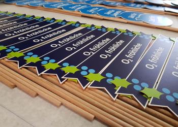 UV bedruckte Pappe, lasergeschnitten und mit Holzstiel versehen